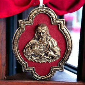 Antique Sagrado Coração de Jesus Solid Brass Red Velvet Plaque Wall Art 12"x9"
